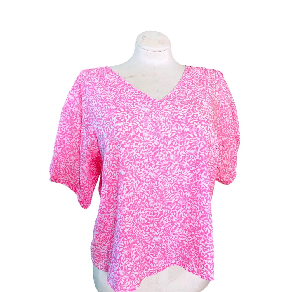 J.Crew Pink White Floral V-Neck Puff Sleeve Blouse Top XL Cottagecore coastal